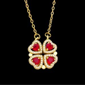 Fashion Jewelry Gold-Tone Clover Necklace with Red Heart Stones